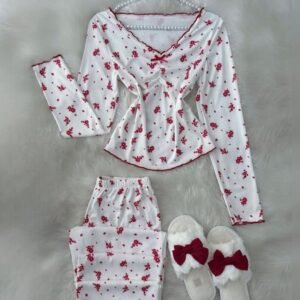 rouge et blanc Pyjama Fleuri en Coton | Élégance & confort